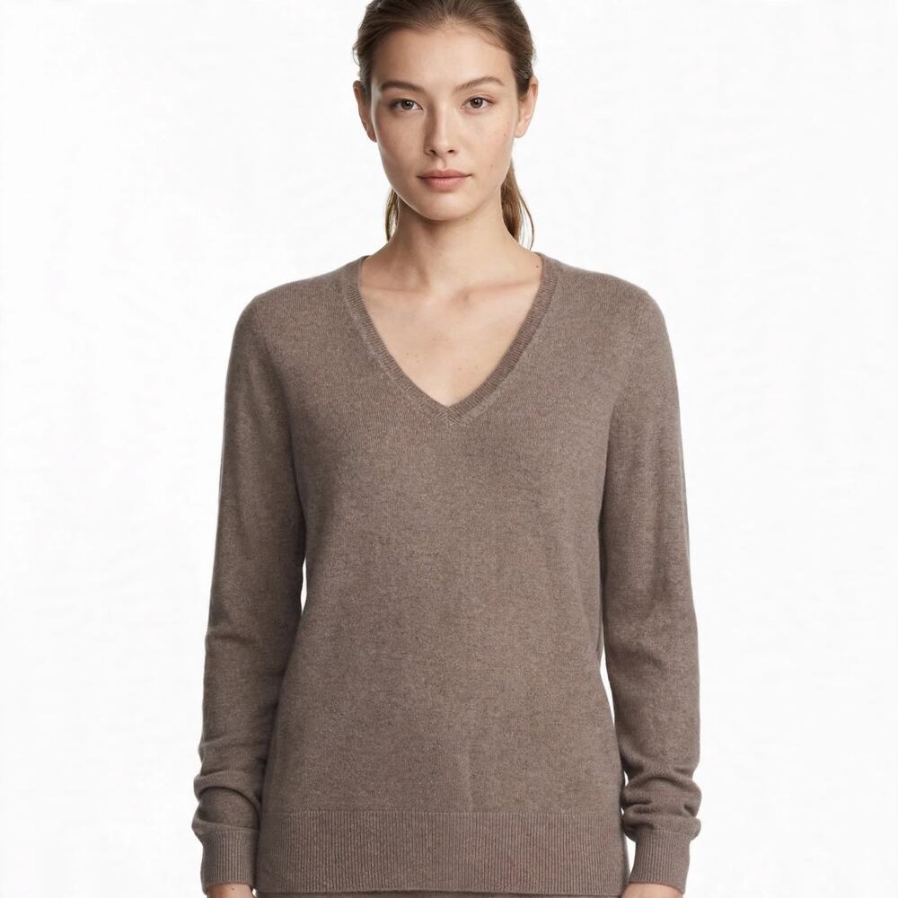 JENNIE LIU Womens 100% Cashmere Sweater V Neck Taupe Brown Pullover Size M